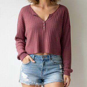 Ardene Women’s Top Long Sleeve Cropped Ribbed Knit Mauve Purple Size Large